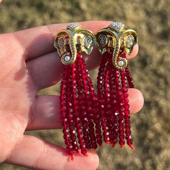 Gold Elephant Head Earrings with Red Bead Tassels - Picture 13 of 15